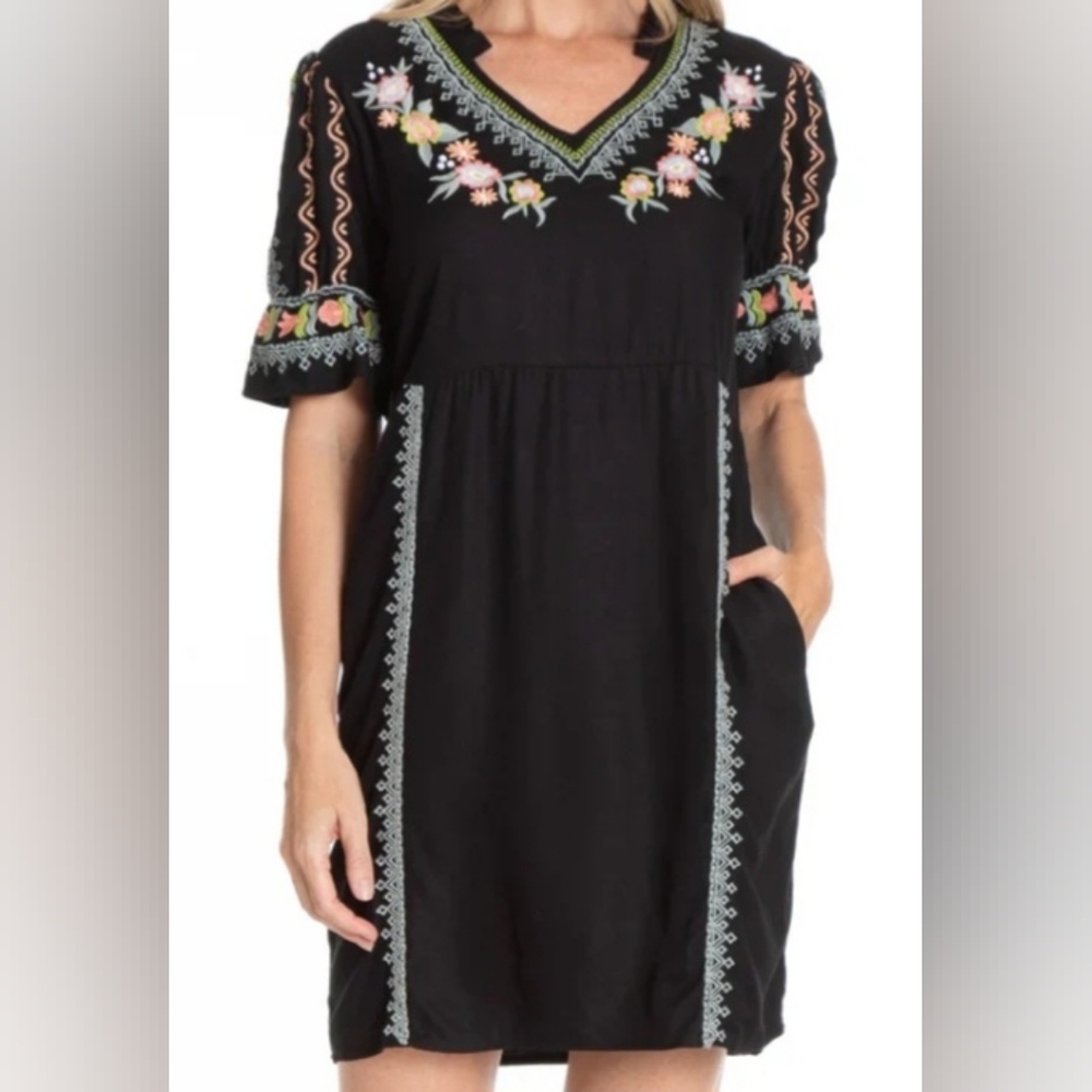 APNY Floral Embroidered V-Neck Dress With Elbow Sleeves-Black Sz M Pockets